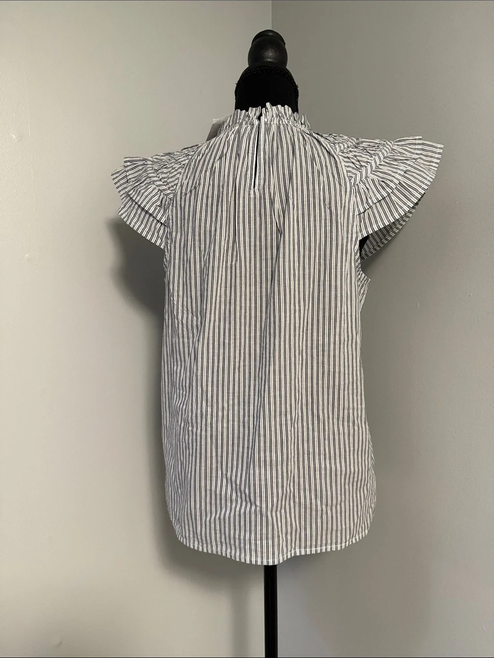 J. Crew White and Navy Striped Ruffle Sleeve Blouse